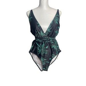 Green and Black Tropical Palm One Piece Swimsuit with Peplum Effect…
